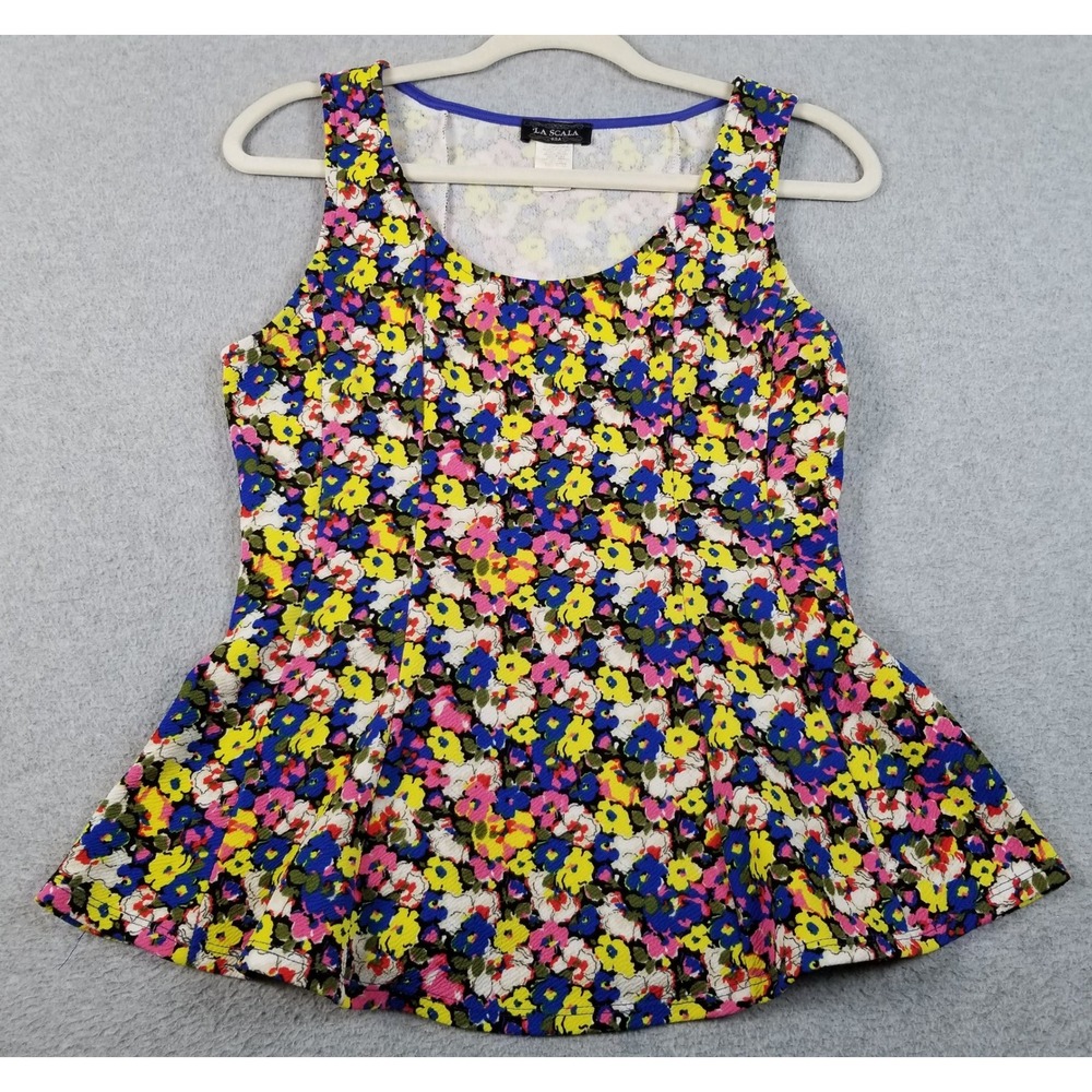 La Scala Peplum Top Women's Large L Floral Sleeveless Scoop Neck Stretch Tank